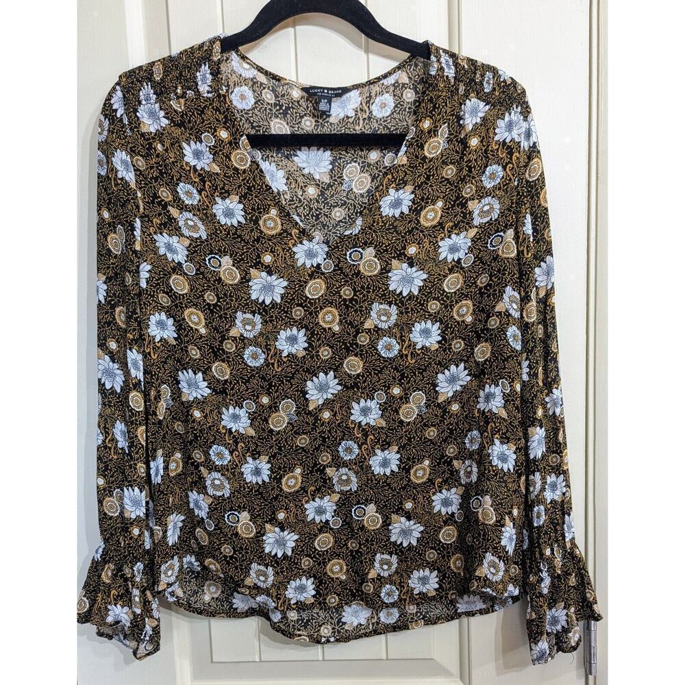 Lucky Brand Womens Top Small Black Gold Floral Rayon Boho Bell Sleeve Festival
